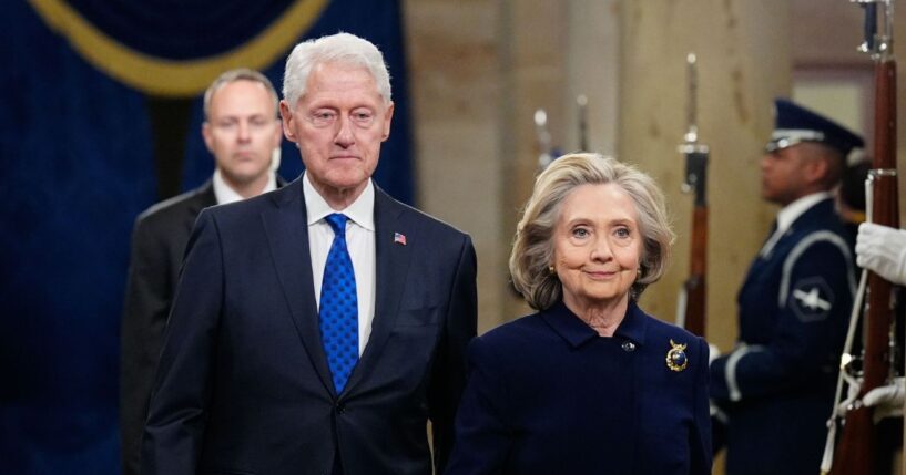 Former President Bill Clinton and former Secretary of State Hillary Clinton arrive at the US Capitol in Washington, DC on Jan. 20, 2025.