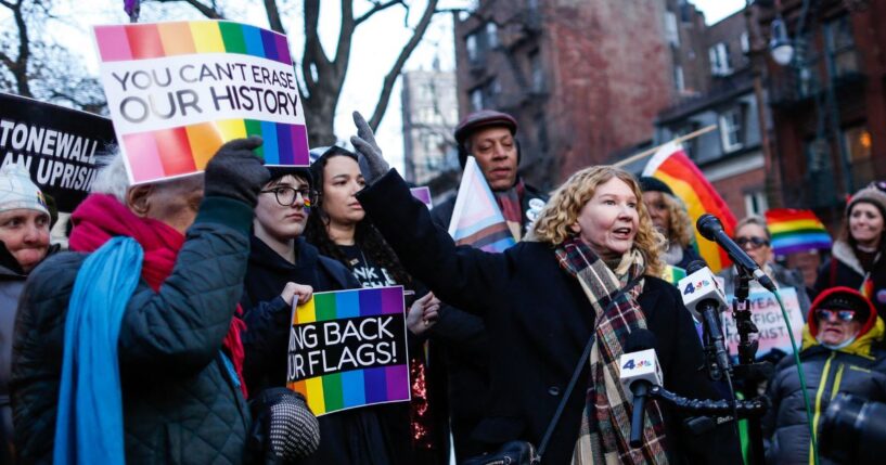 Stonewall Inn owner Stacy Lentz speaks Tuesday during a protest in front of the Stonewall Monument in Manhattan in New York, after the National Park Service ordered the removal of a gay "pride" flag at the site.
