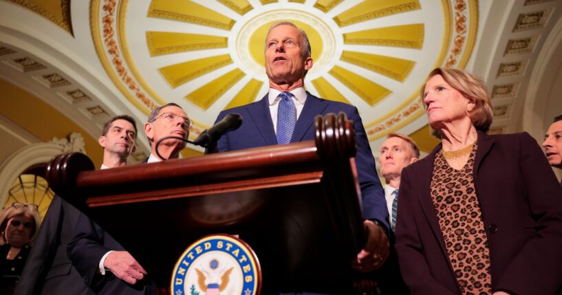 Senate Majority Leader John Thune, a South Dakota Republican, speaks Tuesday at the U.S. Capitol in Washington, DC.