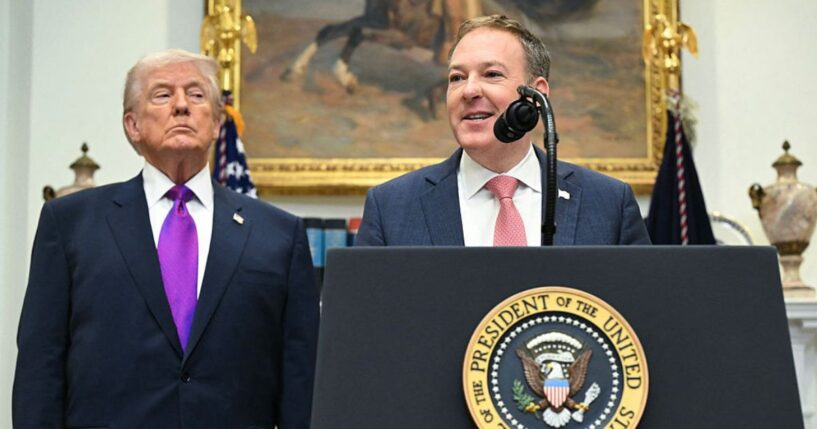 President Donald Trump listens as U.S. Administrator of the Environmental Protection Agency Lee Zeldin, right, speaks as they make an announcement Thursday in the Roosevelt Room of the White House.