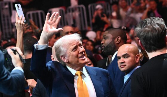 President Donald Trump waves to the crowd as he attends UFC 314 in Miami, Florida, on April 12.