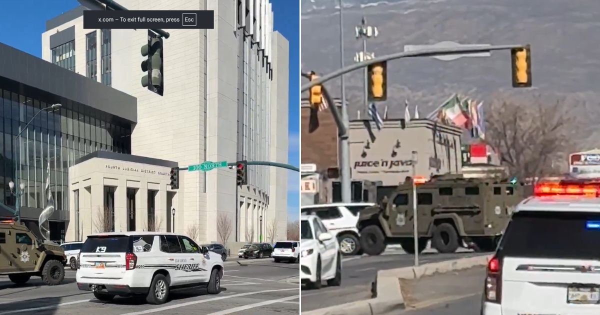 A police K-9 unit, left, blocks traffic while an armored vehicle presumed to carry defendant Tyler Robinson, right, turns into the courthouse complex.