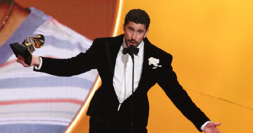 The Puerto Rican singer known as Bad Bunny accepts the award for Album of the Year for "Debi Tirar Mas Fotos" on stage Sunday during the 68th Annual Grammy Awards at the Crypto.com Arena in Los Angeles.