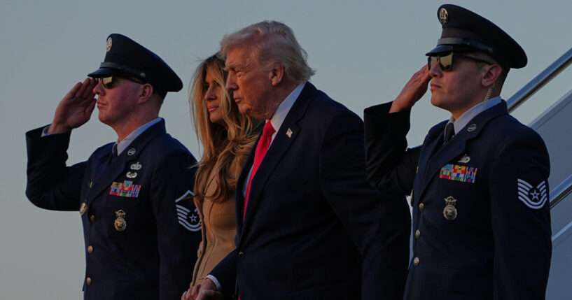 President Donald Trump and First Lady Melania Trump arrive on Air Force One at Palm Beach International Airport in West Palm Beach, Florida, on Feb. 13, 2026.