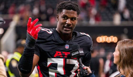 Atlanta Falcons linebacker James Pearce Jr. is interviewed after a game in Atlanta in a Jan. 4 file photo.