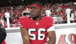 San Francisco 49ers defensive end Keion White, pictured on the bench during a Dec. 28 game at Levi's Stadium in Santa Clara.