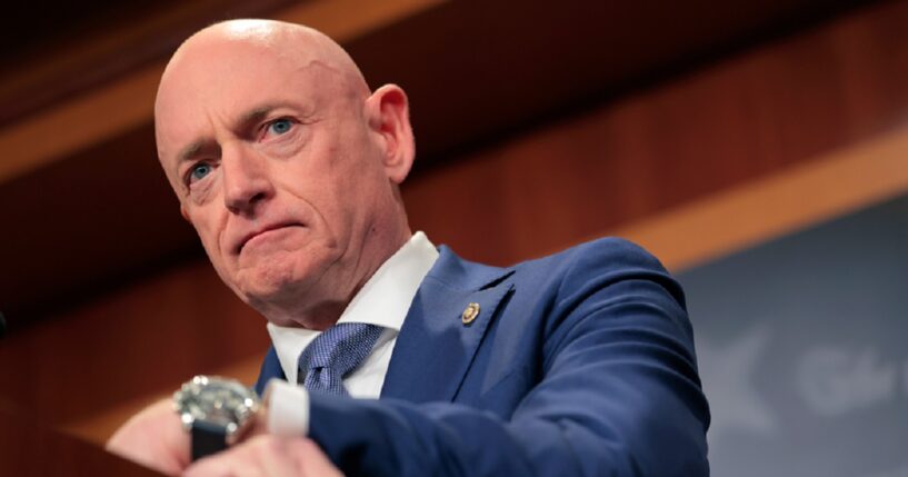 U.S. Sen. Mark Kelly of Arizona speaks at a Feb. 11 news conference.