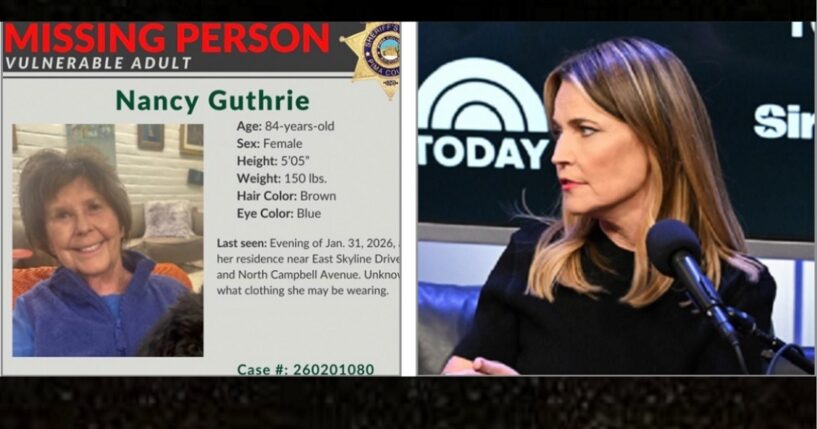 A missing persons poster, left, for Nancy Guthrie, mother of "Today" show host Savannah Guthrie, right.