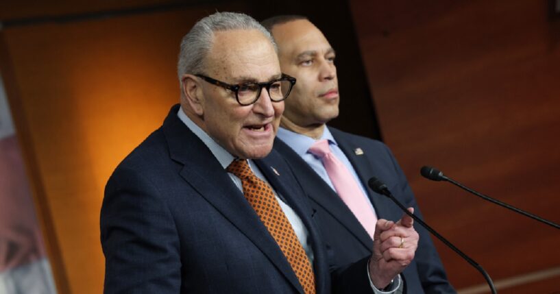Senate Minority Leader Chuck Schumer and House Minority Leader Hakeem Jeffries are pictured at a Jan. 8 news conference in Washington.
