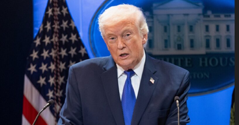 President Donald Trump speaks during a news briefing at the White House on Friday after a major Supreme Court decision went against his use of emergency powers to impose tariffs.