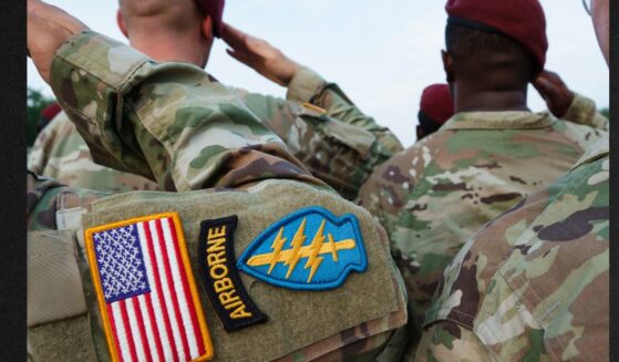 Army paratroopers from the 82nd Airborne Division based at Fort Bragg, North Carolina, are seen saluting in a file photo from June 12, 2025, during a reenlistment ceremony in conjunction with the Army's 250th Anniversary Parade in Washington, D.C.