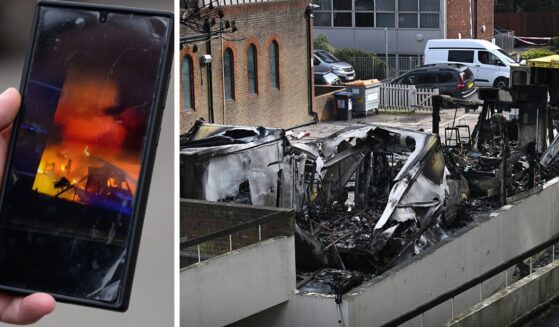 A witness shares video of an arson attack on London's Hatzola ambulance corps, left. The burnt wreckage of the ambulances is seen at right. Police said they are treating the incident as an anti-Semitic "hate crime." An Islamist organization has claimed responsibility for the attack.