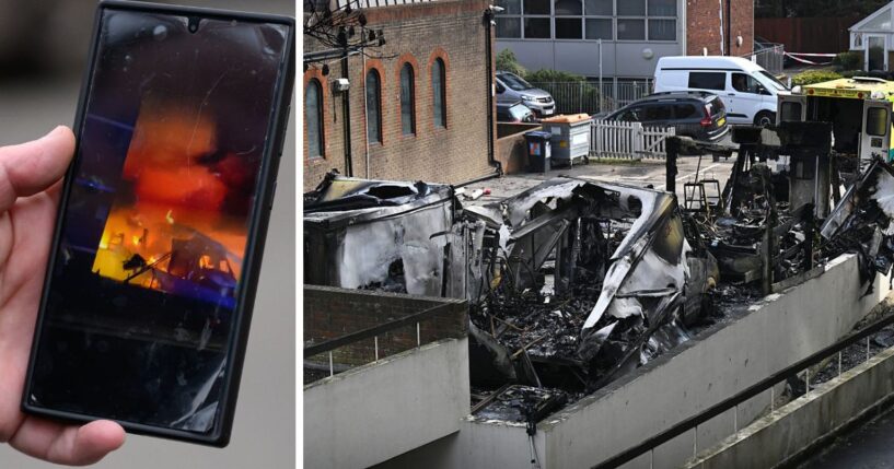 A witness shares video of an arson attack on London's Hatzola ambulance corps, left. The burnt wreckage of the ambulances is seen at right. Police said they are treating the incident as an anti-Semitic "hate crime." An Islamist organization has claimed responsibility for the attack.