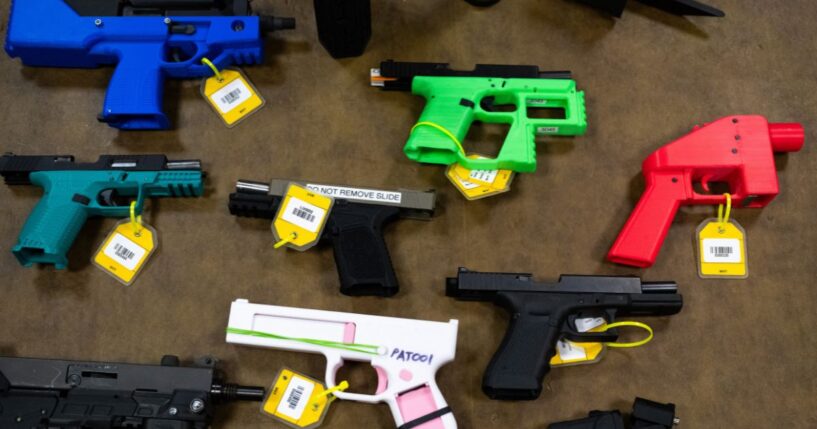 A collection of 3D printed guns and guns that have been modified using 3D printed parts is seen in the National Firearm Reference Vault, which holds thousands of guns, at the Bureau of Alcohol, Tobacco, Firearms, and Explosives National Services Center in Martinsburg, West Virginia, on Sept. 4, 2024.