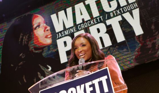 Rep. Jasmine Crockett speaks with supporters during her Senate primary election night party on March 3, 2026, in Dallas, Texas.