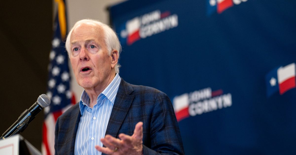 Sen. John Cornyn speaks to members of the media at the Austin Marriott Downtown on March 3, 2026, in Austin, Texas.