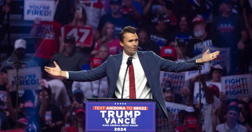 Turning Point USA founder Charlie Kirk speaks during a campaign rally for President Donald Trump at Desert Diamond Arena on Aug. 23, 2024, in Glendale, Arizona.
