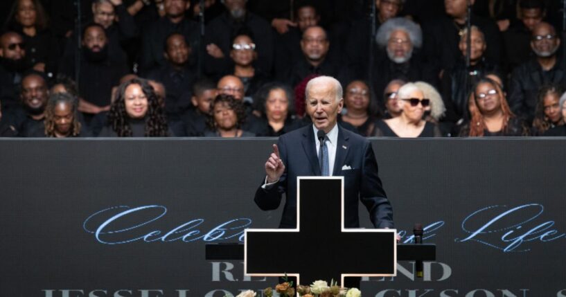 Former President Joe Biden speaks at a celebration of life service for Rev. Jesse Jackson Sr. at the House of Hope arena on March 6, 2026, in Chicago, Illinois.