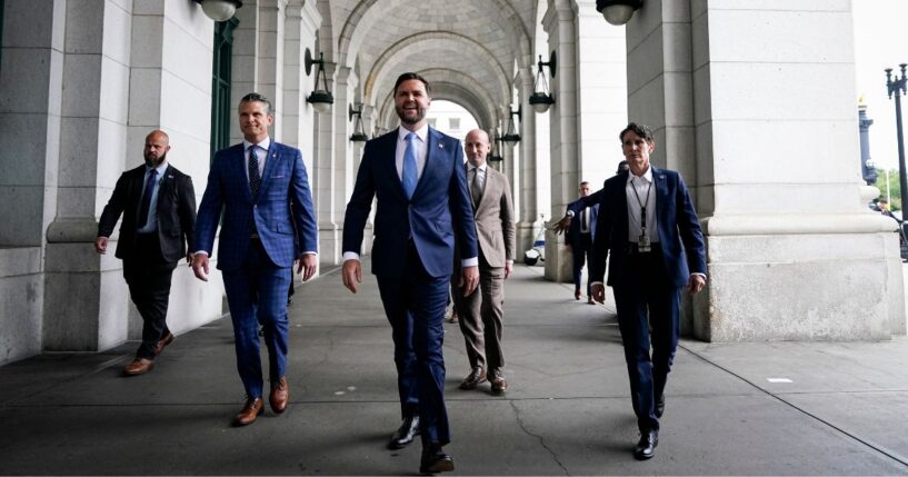 War Secretary Pete Hegseth, Vice President J.D. Vance, and White House Deputy Chief of Staff Stephen Miller arrive to meet with members of the National Guard during a visit to Union Station on Aug. 20, 2025, in Washington, D.C.