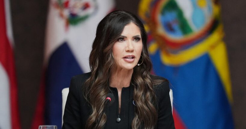 Secretary of Homeland Security Kristi Noem delivers remarks during a working lunch at the 