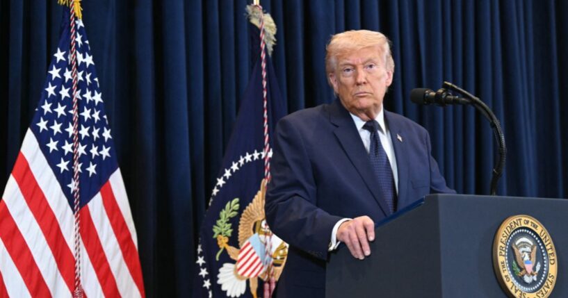 President Donald Trump speaks during a news conference at Trump National Doral in Miami, Florida, on March 9, 2026.