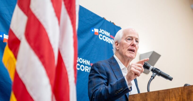 Sen. John Cornyn speaks during a Get Out The Vote campaign rally at the Schertz Civic Center Conference Hall on March 2, 2026, in Schertz, Texas.