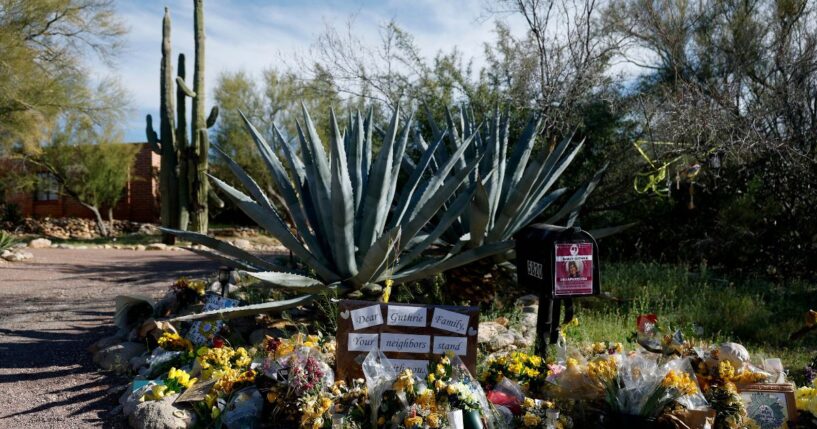A makeshift memorial adorns the front of the home of Nancy Guthrie on March 2, 2026, in Tucson, Arizona.