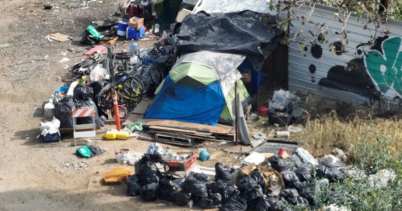 A view of trash, RVs, and a homeless encampment in downtown Los Angeles on Oct. 25, 2025.