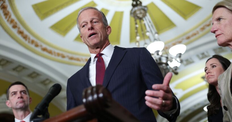Senate Majority Leader John Thune speaks during a news conference following a weekly Republican policy luncheon at the U.S. Capitol on March 10, 2026, in Washington, D.C.