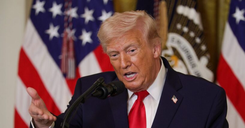 President Donald Trump speaks during a Women's History Month event in the East Room of the White House on March 12, 2026, in Washington, D.C.
