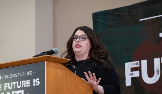 Kristan Hawkins, president of Students for Life of America, speaks about the pro-life movement's post-Roe plans on April 27, 2022, on the campus of the University of Virginia in Charlottesville, Virginia.