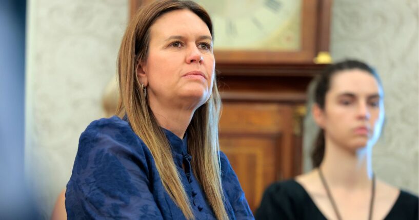 Arkansas Gov. Sarah Huckabee Sanders attends an event on natural disaster preparedness with President Donald Trump in the Oval Office at the White House on June 10, 2025, in Washington, D.C.