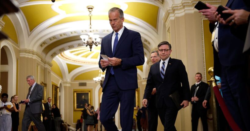 Senate Majority Leader John Thune and Speaker of the House Mike Johnson arrive to speak to members of the media following the Republican Senate Policy Luncheon at the U.S. Capitol on Oct. 7, 2025, in Washington, D.C.