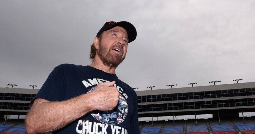 Actor Chuck Norris reacts prior to the NASCAR Sprint Cup Series AAA Texas 500 at Texas Motor Speedway on Nov. 6, 2016, in Fort Worth, Texas.