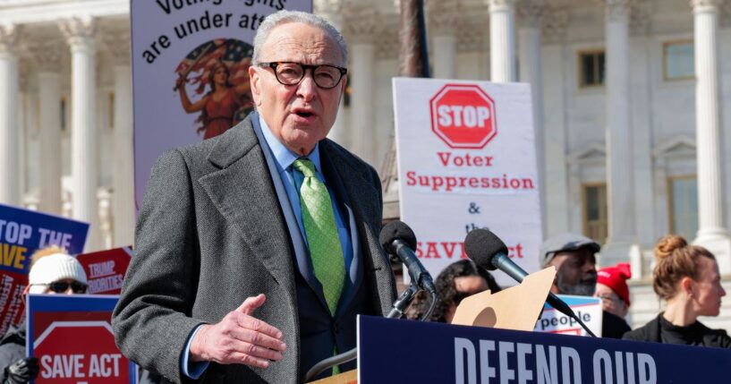 Senate Minority Leader Chuck Schumer attends a rally to speak out against the SAVE America Act outside the U.S. Capitol on March 18, 2026, in Washington, D.C.