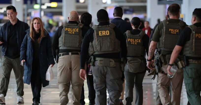 Immigration and Customs Enforcement agents patrol Terminal B at LaGuardia Airport on March 23, 2026, in New York City.