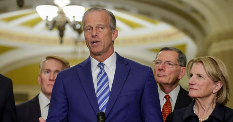 Senate Majority Leader John Thune speaks during a news briefing after a weekly Senate Republican Policy Luncheon at the U.S. Capitol on March 24, 2026, in Washington, D.C.