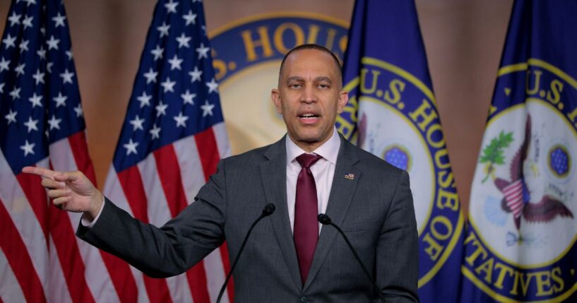 House Minority Leader Hakeem Jeffries holds a news conference at the U.S. Capitol Visitors Center on March 19, 2026, in Washington, D.C.
