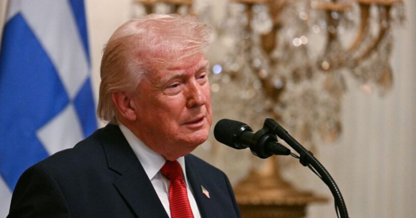 President Donald Trump speaks during a Greek Independence Day celebration in the East Room of the White House in Washington, D.C., on March 26, 2026.