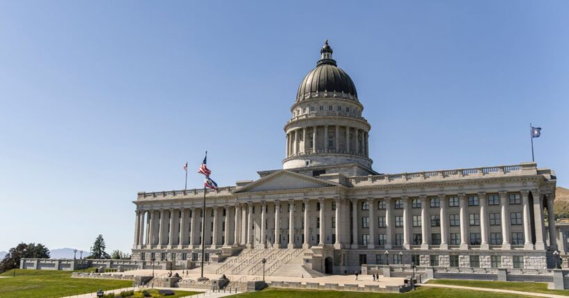 The Utah State Capitol building in Salt Lake City, Utah, with its distinctive copper dome and neoclassical columns.