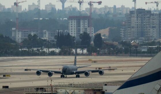 A United States Air Force KC-135 Stratotanker refueling aircraft on the runway at Ben Gurion airport on March 13, 2026, in Lod, Israel.