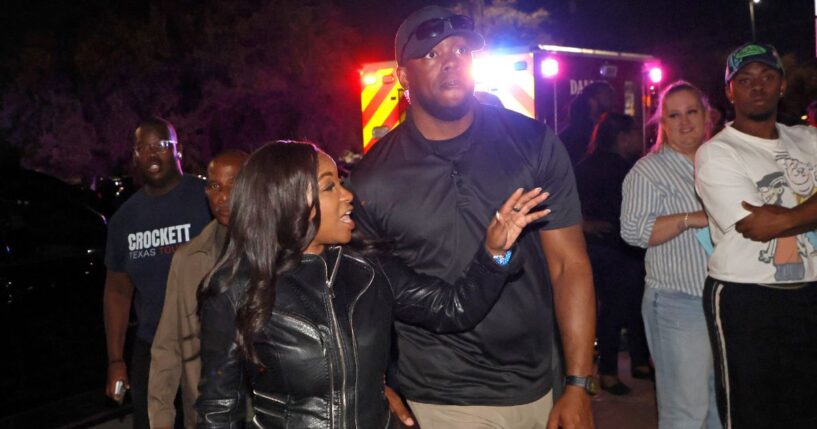 Rep. Jasmine Crockett, a Texas Democrat, is seen Feb. 27 with the security team member she said she knew as Mike King, but who was later identified as 39-year-old Diamon-Mazairre Robinson. Robinson was shot and killed March 11 in a standoff with Dallas police.