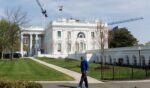 Tower cranes being used for construction of the White House Ballroom are seen at the White House Tuesday.