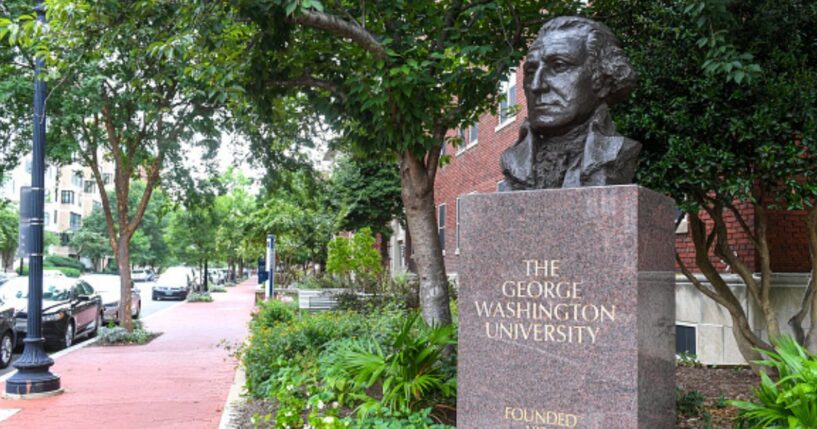George Washington University statue stands upon pedestal on August 8, 2020.