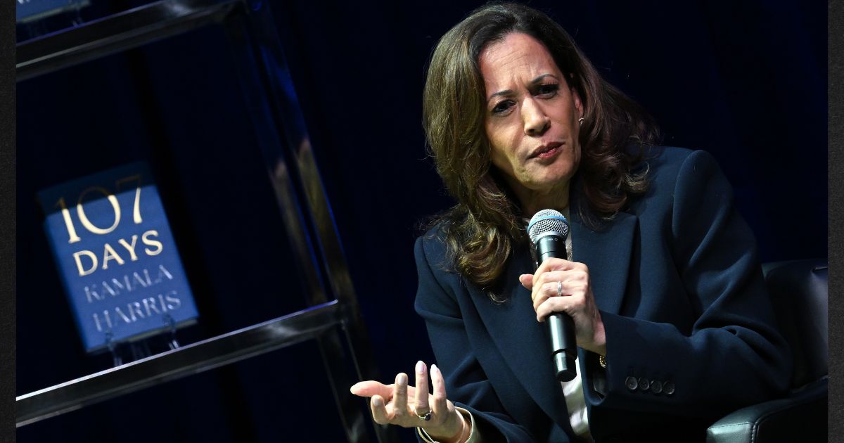 Former Vice President Kamala Harris speaks onstage Oct. 8 in Atlanta, Georgia, during her "107 Days" book tour.