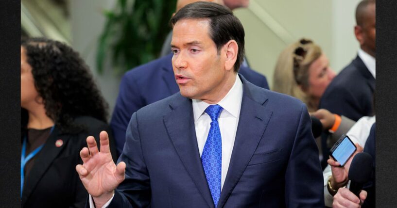 U.S. Secretary of State Marco Rubio speaks to the media Tuesday as Cabinet officials deliver Congressional briefings on Iran at the U.S. Capitol in Washington, D.C.