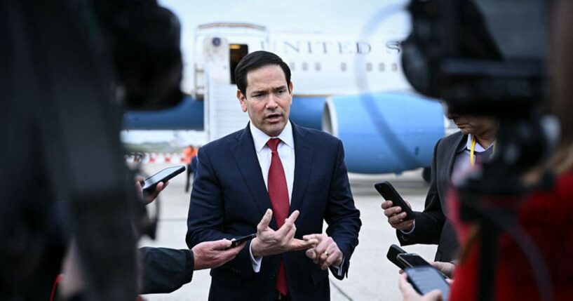Secretary of State Marco Rubio speaks to the news media Friday following a G7 Foreign Ministers' meeting with partner countries before his departure at the Bourget airport outside Paris.
