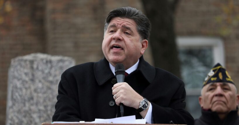 Illinois Governor JB Pritzker speaks at a Veteran's Day ceremony in Chicago, Illinois, on. Nov. 11, 2025.