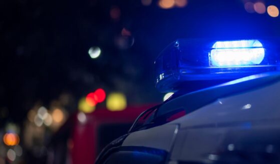 Lights flash on top of an emergency vehicle speeding down the road at night.