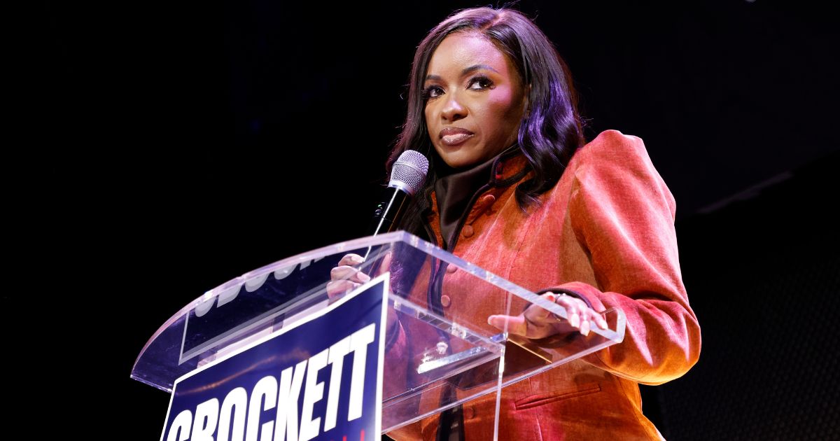 Rep. Jasmine Crockett speaks with supporters at her Senate Primary election night party on March 3, 2026 in Dallas, Texas.